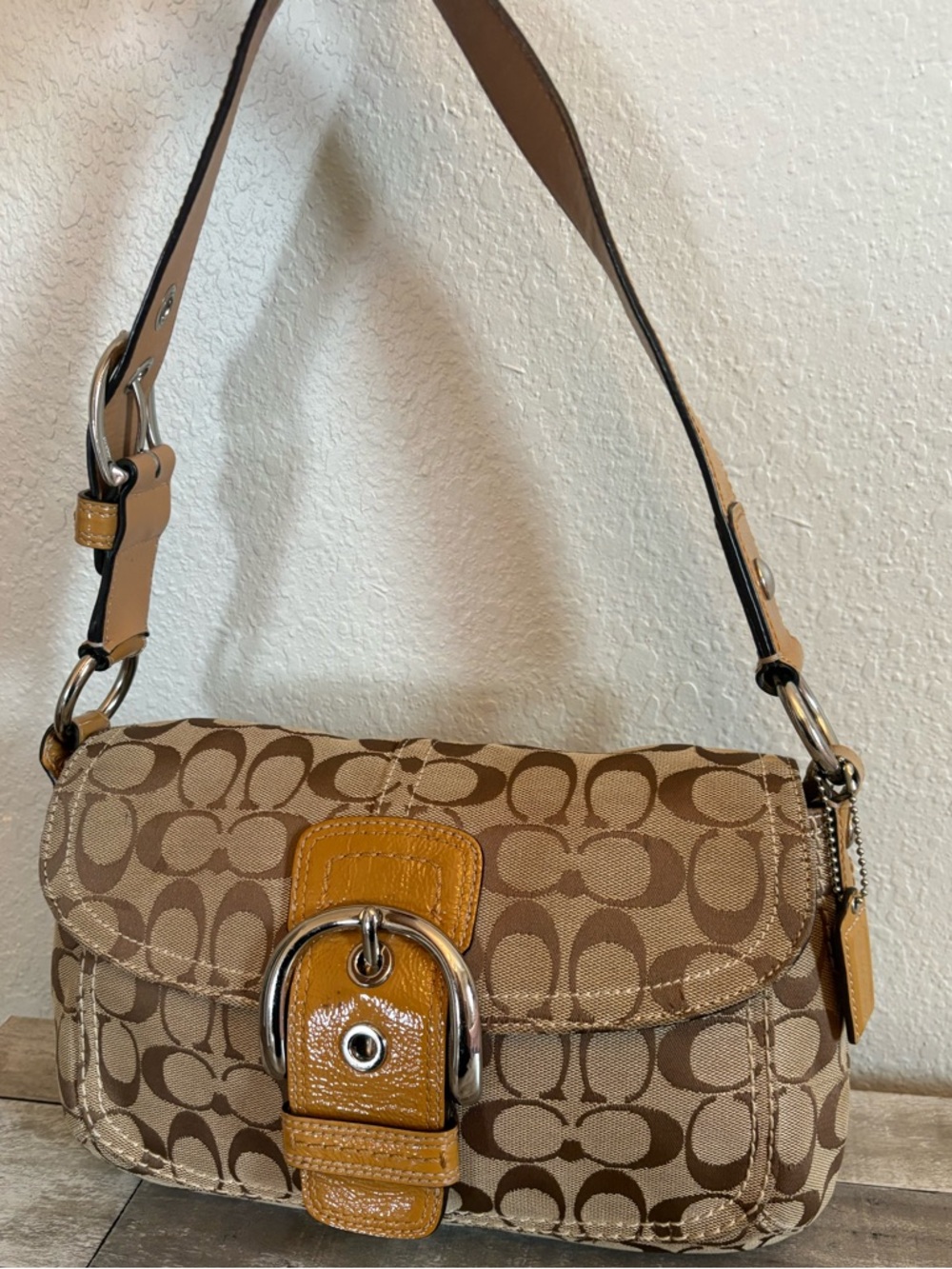 Coach Khaki Signature Canvas Shoulder Bag with Tan Buckle